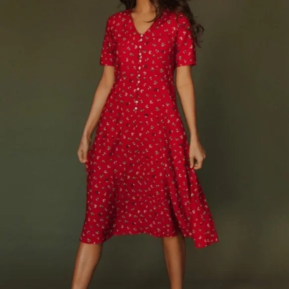 Ivy City Co womens Allie Dress Red Floral midi short sleeve button up size XS